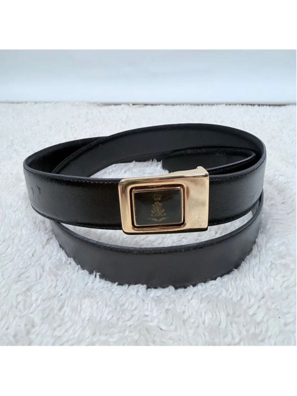 Sporrong Sweden Black Leather Dress Belt Swedish Crown Crest Buckle Size 38-40